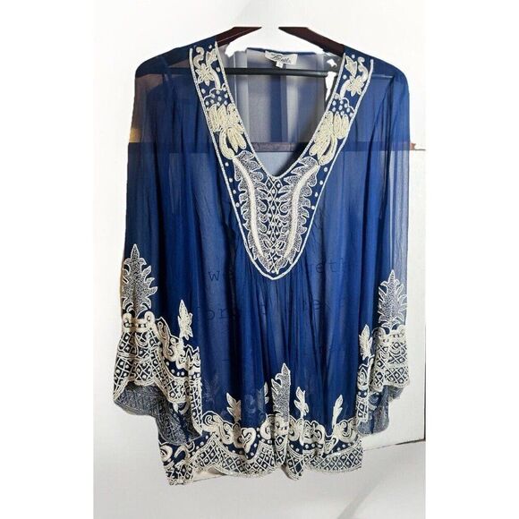 Faust Sheer Bohemian Blue white sleeve Beaded cuffs & collar size XL Or 2.   Dd - Picture 1 of 9